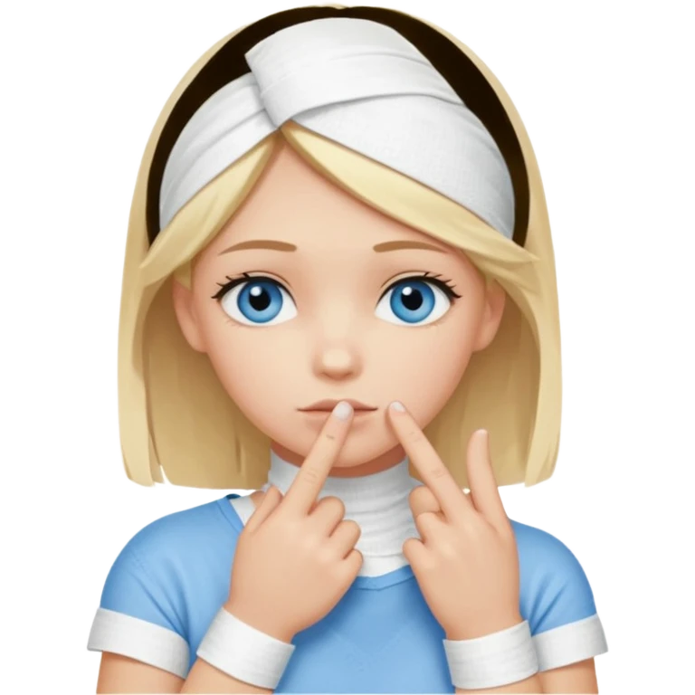 blonde-haired, blue-eyed, fair-skinned girl with her whole index finger wrapped in a bandage, finger on chin, thoughtful expression emoji
