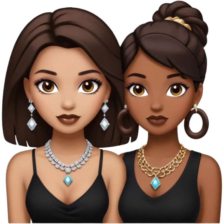 Boujy baddie best friends, trendy heavy makeup both dark hair one light skinned and one mocha brown pretty hair both wearing black and earrings and diamond necklace one mocha brown skin better ones please  emoji