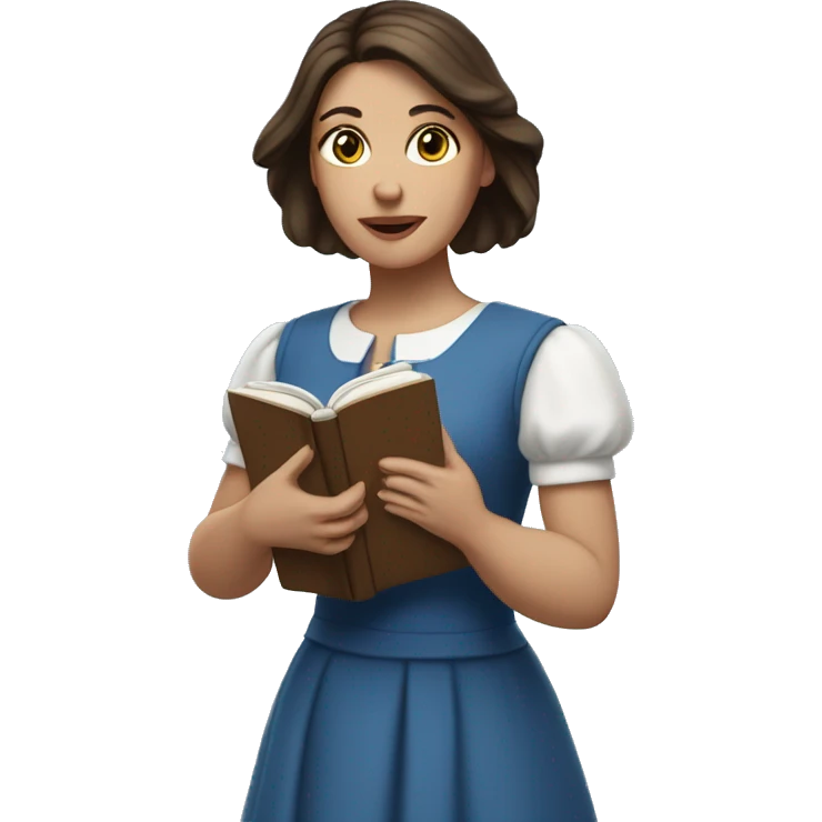 White woman with long dark straight brown hair and eyes holding a book. She is wearing a blue A-line dress with white daisies emoji