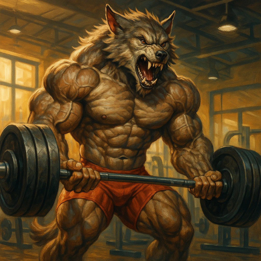werewolf body builder, lifting weights, strong physique, energetic, gym background emoji