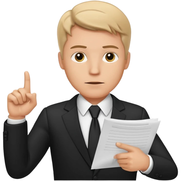 A white man in a black suit stands with a serious face and points at his hand holding papers. emoji