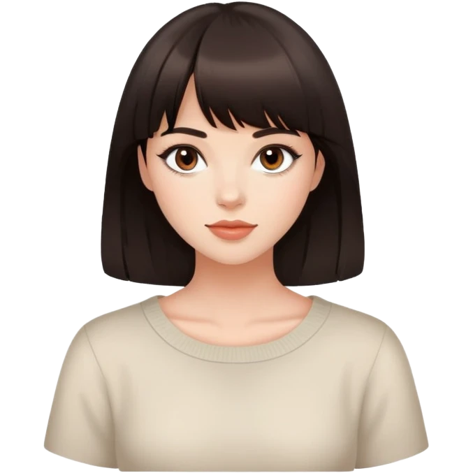 Beautiful woman with dark brown bangs, minimal makeup, charming expression emoji
