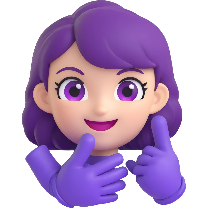 chibi style Gwen from League of Legends, only head, right eye purple, one hand waving with glove, smiling and energetic, 3D emoji style emoji