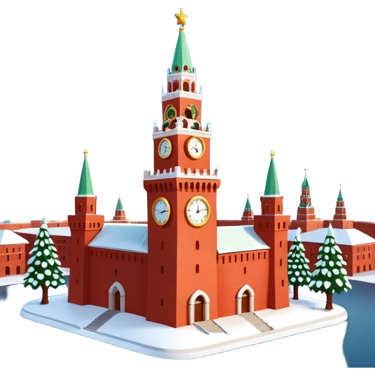 Apple iOS style emoji of the Moscow Kremlin Spasskaya Tower, winter
New Year edition. Red brick texture, snowy roof, golden clock face. Small festive garland with glowing lights wrapped around the tower. Bright red glowing star on top. 3D isometric  emoji