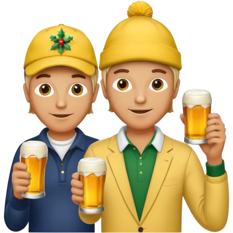 16 men on a golf trip wearing yellow golf caps all holding a beer can with a Xmas style label emoji