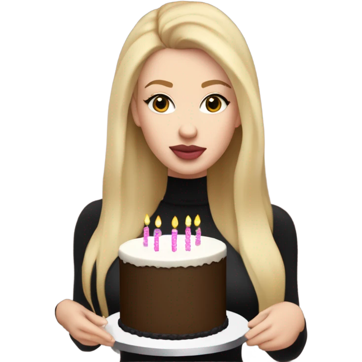 White girl with blonde straight hair, pink lips, dark eyes, black turtleneck, birthday cake in hands emoji