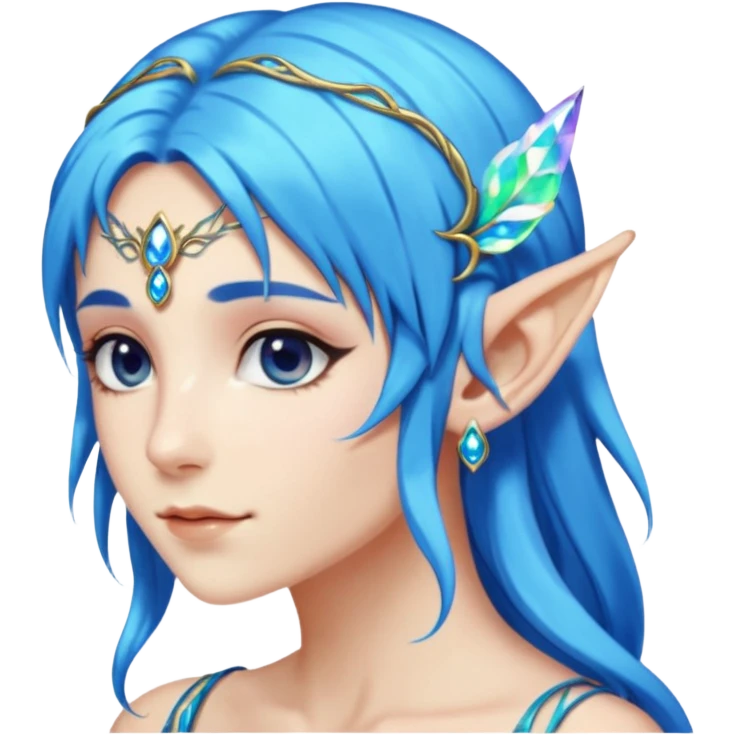 portrait of blue haired Elvish fae shiny sparkly iridescent translucent diaphanous ear climber ear cuff emoji