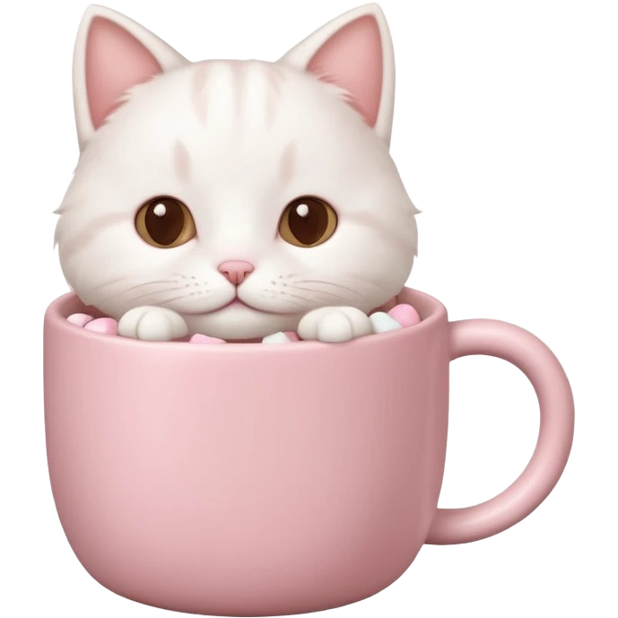 cute white cat relaxing in a pastel pink mug of cocoa with marshmallows, soft lighting, rounded shapes emoji