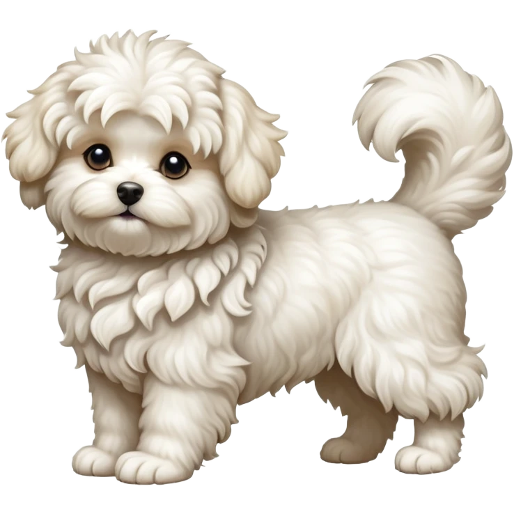 detailed-[curly haired maltese-dog]-realistic-full-body-sitting-emoji,-tail-resting-loosely-beside-its-paws,-head-tilted-dramatically,--wavy-[cream-white]-fur,-simplified-yet-realistic-focused-features,-highly-detailed,-glowing-with-an-almost-sarcastic emoji