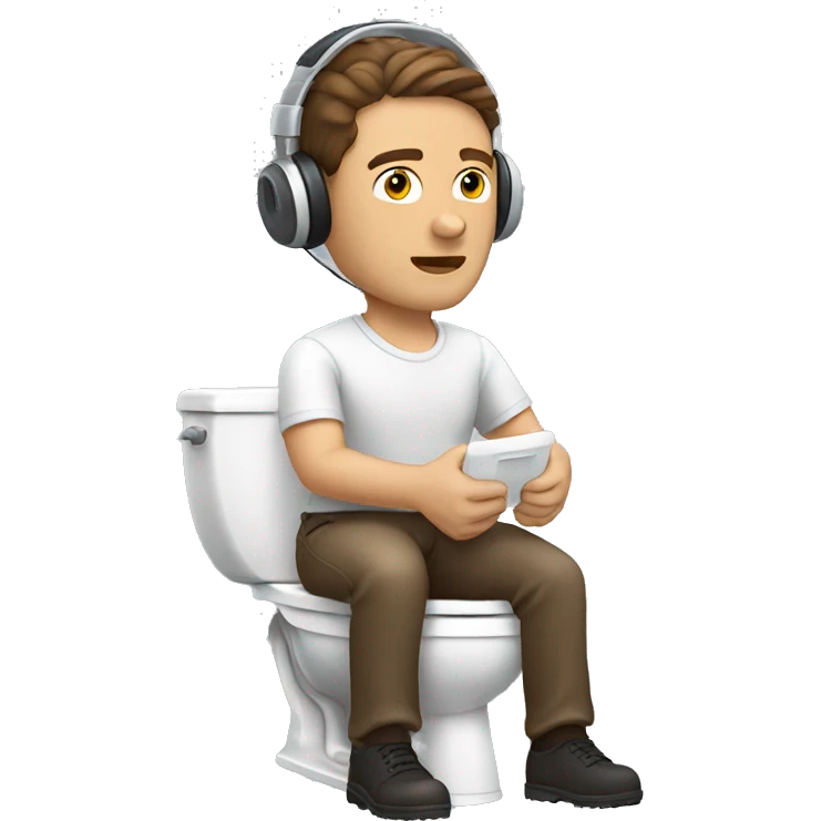 Man sitting toilet wearing headset, brown hair emoji