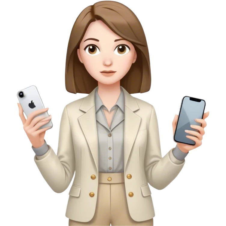 pale skin woman with brown Straightened bob Hair, White Spacious classical jacket, beige palazzo Arrow pants and gray blouse holding white IPhone 15 pro in the hands emoji