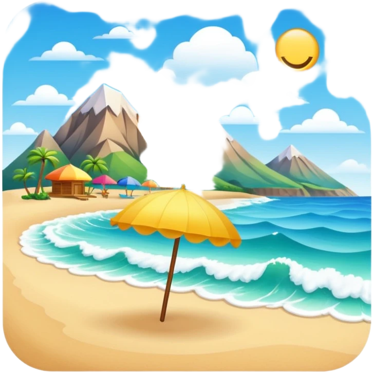 vibrant emoji beach with parasol, wave behind, eco-habitat, mountain range in distance emoji