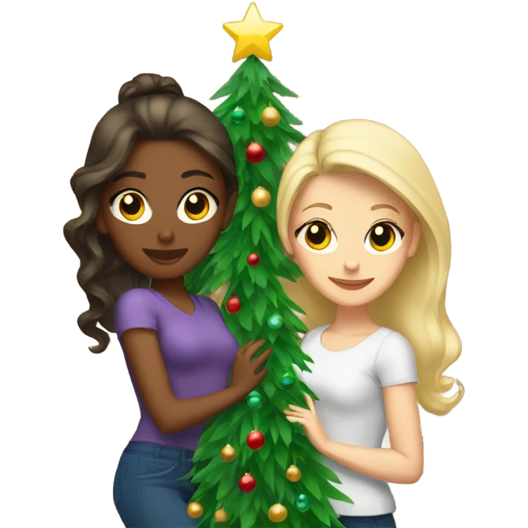 Two brunettes and a blonde by a Christmas tree emoji