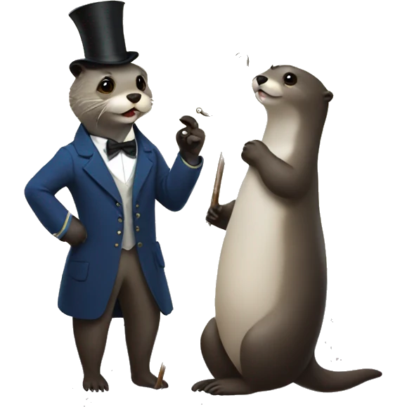 An otter with a cane and a monocle talking to the man in the moon emoji