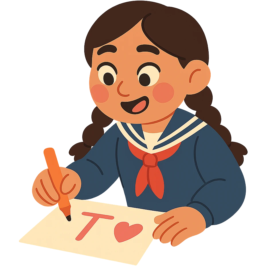 Kazakh girl in Korean school uniform, drawing a T with a heart on paper in pastel toon style emoji