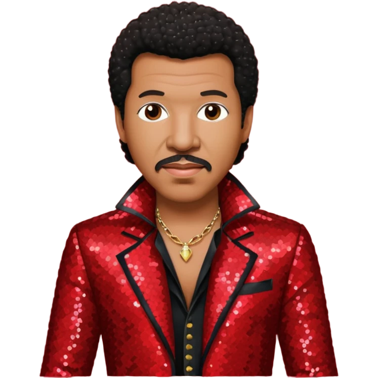 Lionel Richie with dark brown hair, red sequin outfit emoji