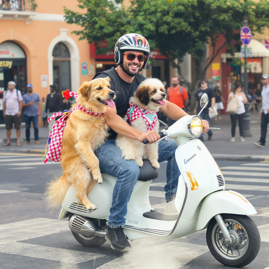 man and his pet dog riding a vespa emoji