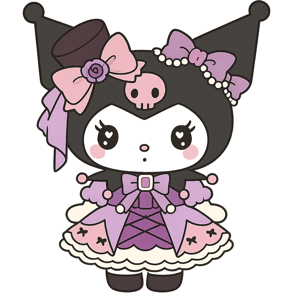 Create a Kuromi sticker in chibi sticker style with a cute gothic lolita dress, purple and pink accents, big eyes with heart highlights, detailed accessories, sticker outline, pastel color palette, playful expression, no background. emoji