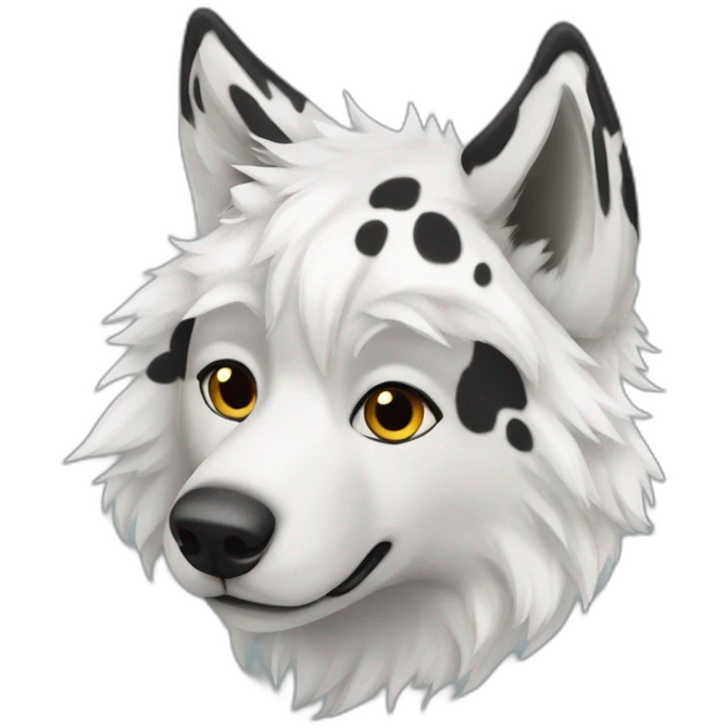 furry black spotted white wolf, single floppy ear emoji