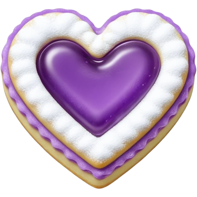 Realistic shortbread cookie in the shape of a heart with Pale Purple color jelly middle filling and sprinkled powder sugar on top. emoji