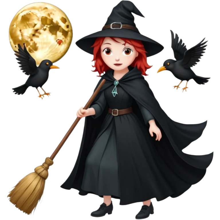 witch with red hair flying , on the background - full moon and black birds, должна лететь на метле emoji