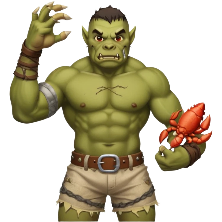 orc male flexing with giant crab. Torn net shorts, claw trophy belt emoji