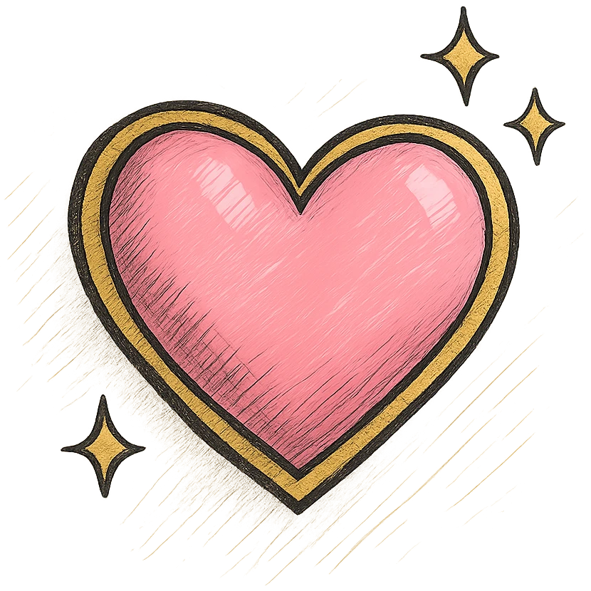 Add a realistic drop shadow to the 3D large pink heart with sparkles and gold outline, keeping the hand drawn black outline style, on a white clean background. emoji