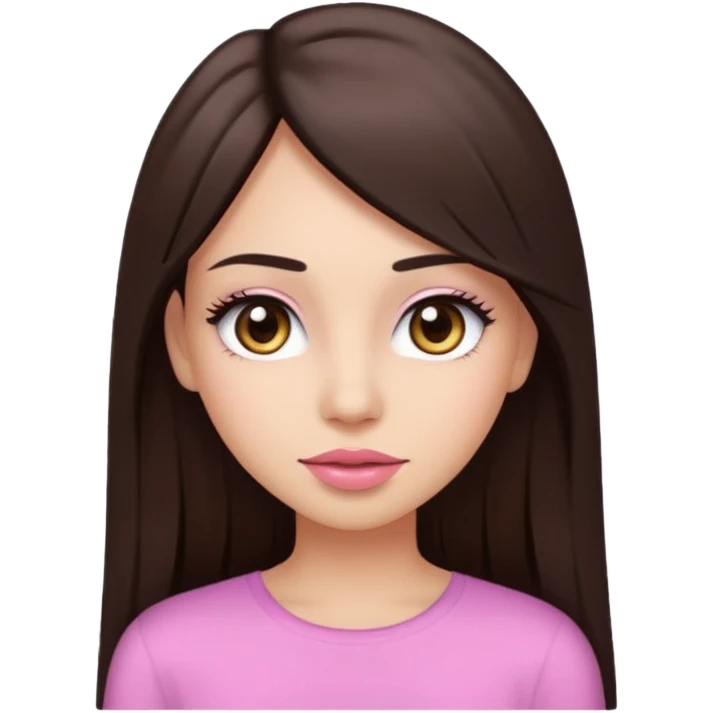 A young woman with long straight dark bown hair, big brown eyes, long eyelashes, pink lips, wearing a plain white top, in emoji style emoji
