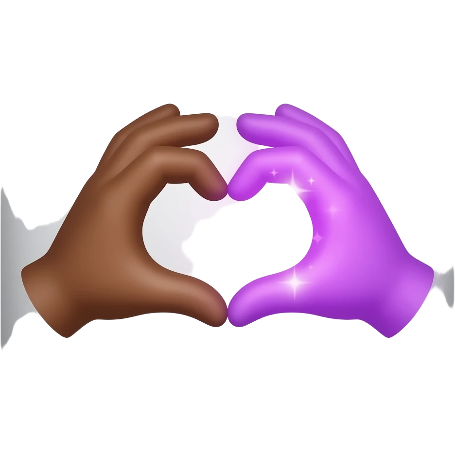 Two iOS-style emoji hands forming a heart, one  brown hand and the other made of glowing purple light with small sparkles, neutral background, smooth and glossy rende emoji
