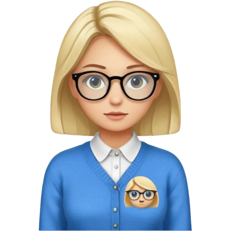 ragazza bionda vestita con camicia e maglione, con occhiali, occhi azzurri che è seduta al pc  emoji
