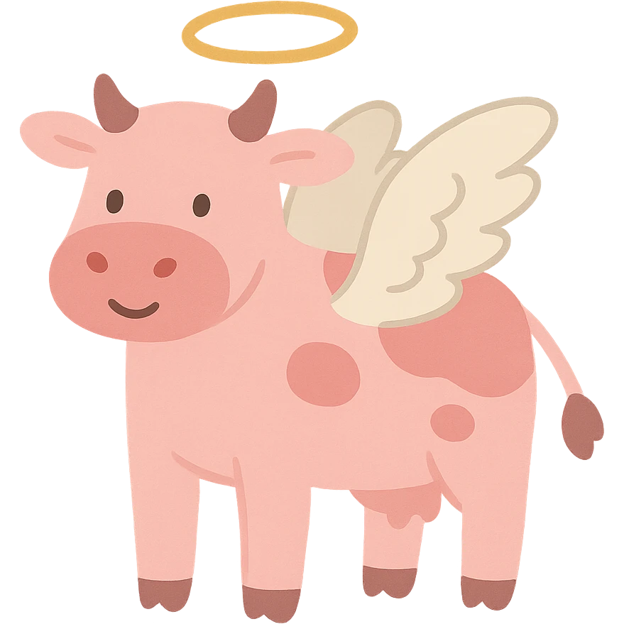 simple pink cow with angel wings and a halo emoji