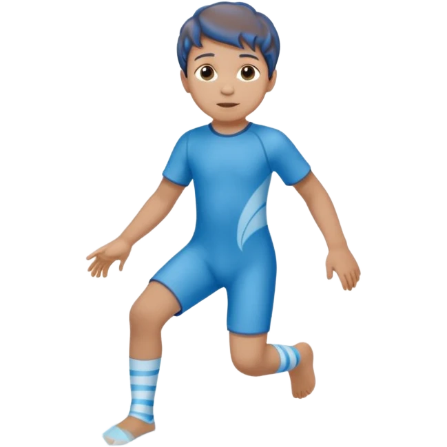 A little male child with a blue/beige outfit and  curled brown hair and shoes which are orthopedic ankle-foot orthosises (AFO) for a small child. The brace goes just below the knee and its with a bright blue water-like pattern with a spiral side design. emoji