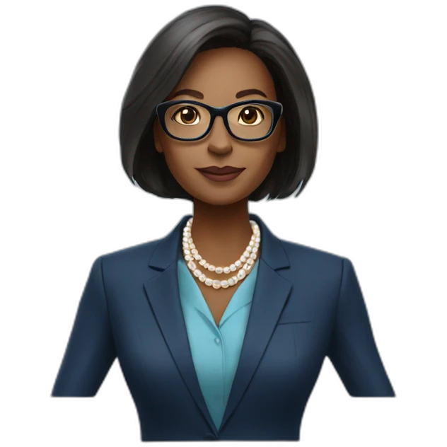black woman ceo, black glasses, neck length straight hair, blue blazer, pearl necklace emoji