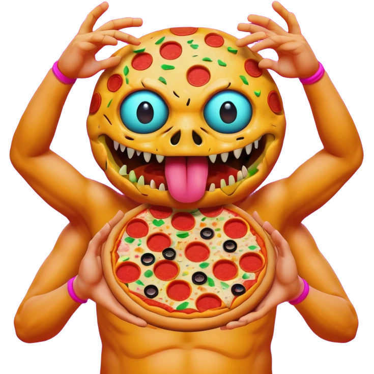 a glitch abomination with hands for a head, a baskeball stomach, pizza eyes emoji