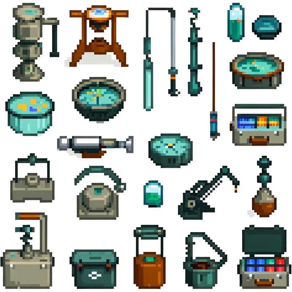 Array of marine geology instruments including magnetometers, ROVs, and sediment sieving equipment emoji