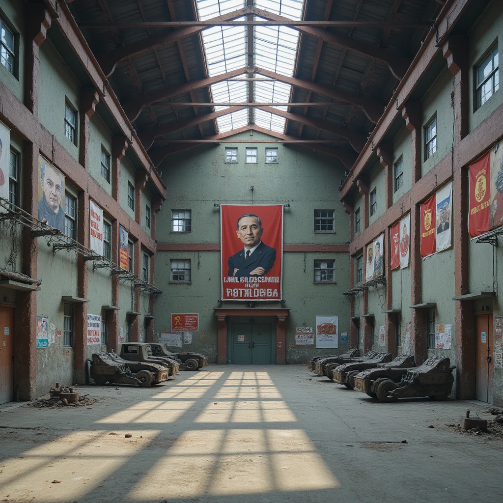 realistic Soviet heavy equipment plant building, assembly hall exterior, steel beams, propaganda posters, no people, no machinery outside emoji