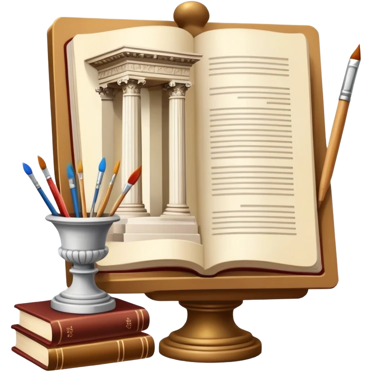 An icon featuring a paint palette, a sculpture, and a book, symbolizing the study of culture and art. The design includes a classical column and a canvas, representing art history and cultural exploration. Transparent background highlights the connection between creativity and history. emoji