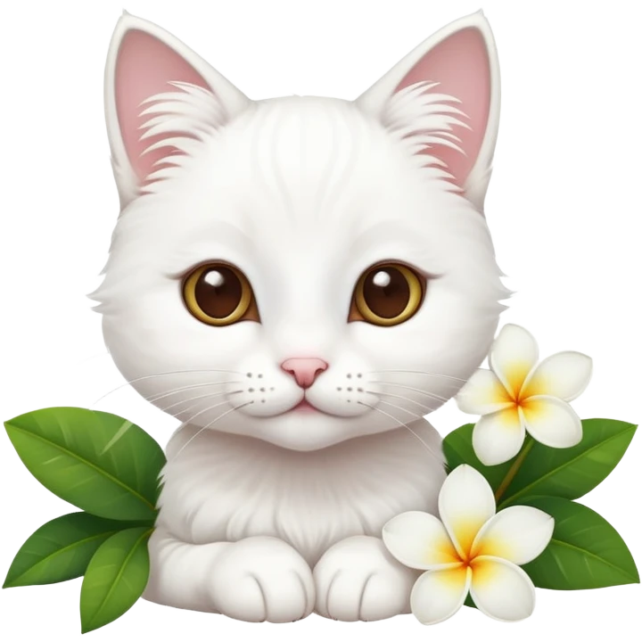 A cute  little  white cat and frangipani emoji