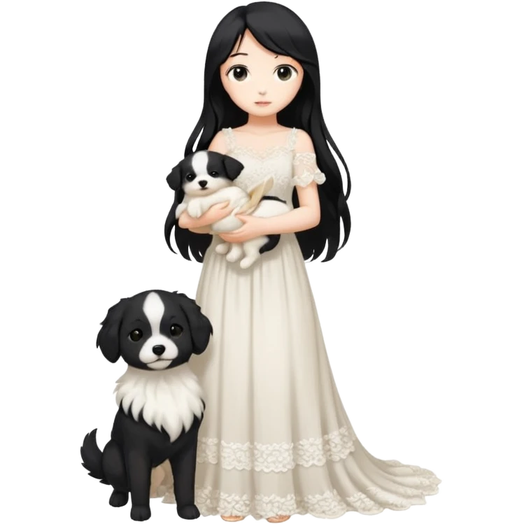 Pastel anime lady long hair with long lace dress full body holding puppy emoji