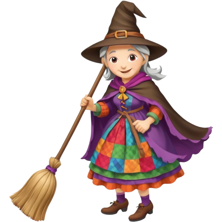 Befana flying on a broomstick: friendly old witch with a warm smile, big nose, rosy cheeks, wearing a colorful patchwork dress and shawl, riding a classic wooden broom. emoji