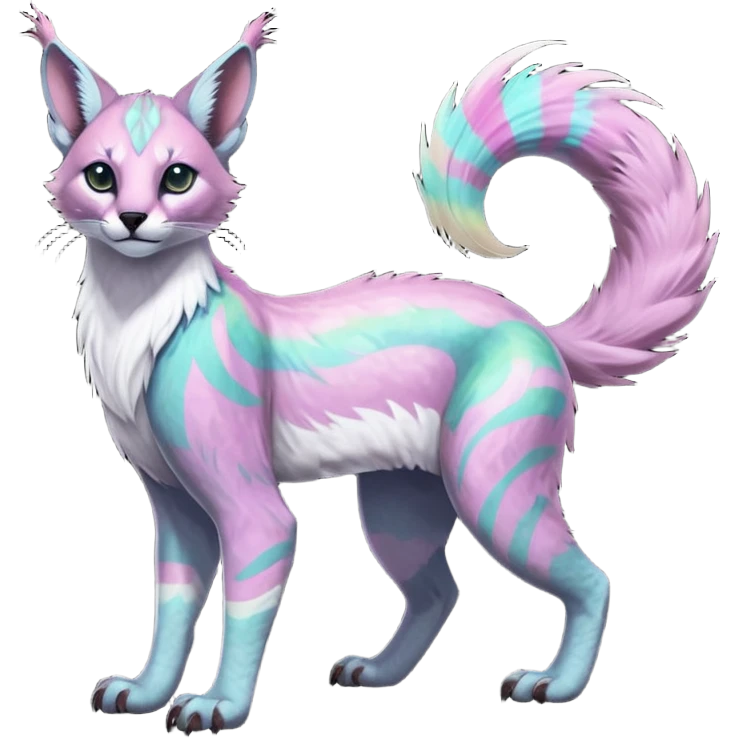 Colorful dark tropical feathery tribal pale light fruity pastel white glorious iridescent divine exotic cute cool beautiful beautiful fantasy-caracal-civet-genet-sergal-vernid-Gryphon-Cacomistle-Trico-oncilla-animal-Fakémon-hybrid-fursona (full body) emoji