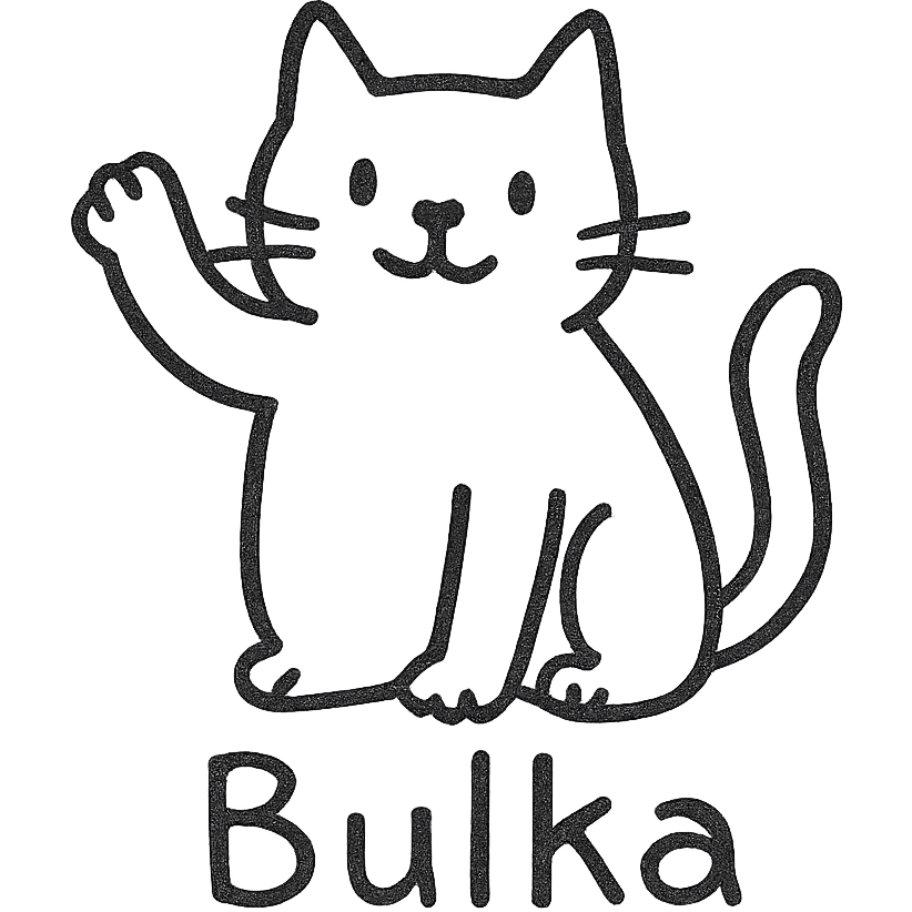 hand-drawn black outline icon of a cat named Bulka, standing with a raised paw emoji