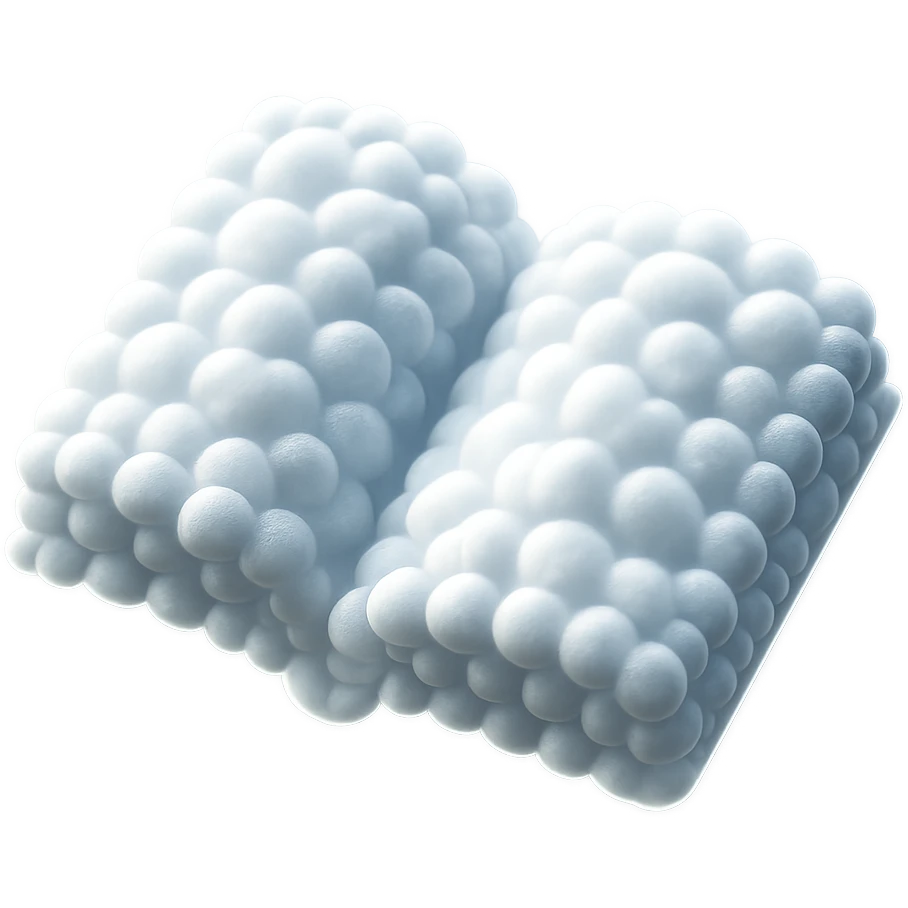 top view of a thick open book made entirely of small, very bright white fluffy convex clouds, matte glass style, no background emoji