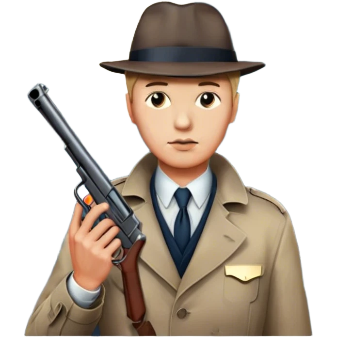 Icon for Detective Movie: A vintage movie poster-style design featuring a close-up of a detective with a gun on a dark London street under the full moon. The scene includes faint traces of blood on the asphalt, hinting at a murder. Retro cinematic typography. Transparent background. emoji