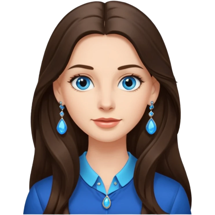 
Create an emoji of a brunette with blue eyes. She should have long hair, stylish clothing, and a friendly facial expression. Add some accessories like earrings or glasses to make the look more interesting. emoji