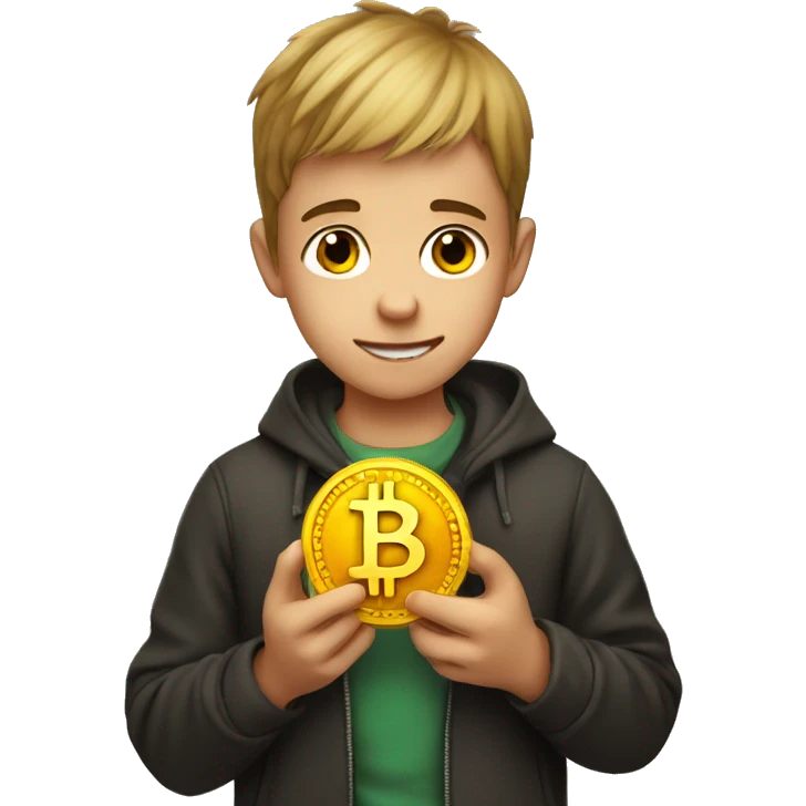 Cute boy holding bitcoin emoji