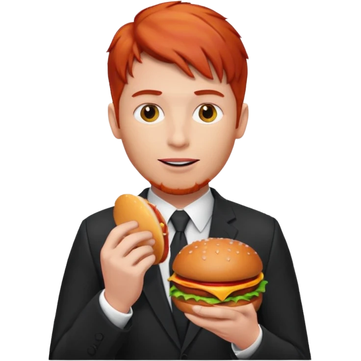 red haired male wearing suit eating hamburger emoji