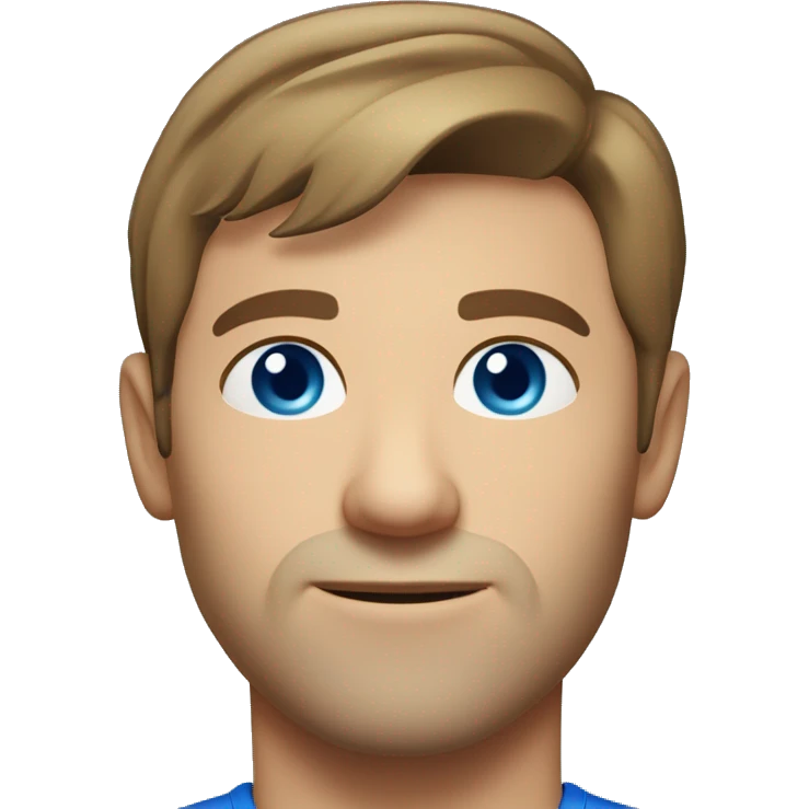 A head and shoulders shot of a 35 year old Caucasian man, with short brown hair, with none facial hair,   with blue eyes wearing a t-shirt. emoji