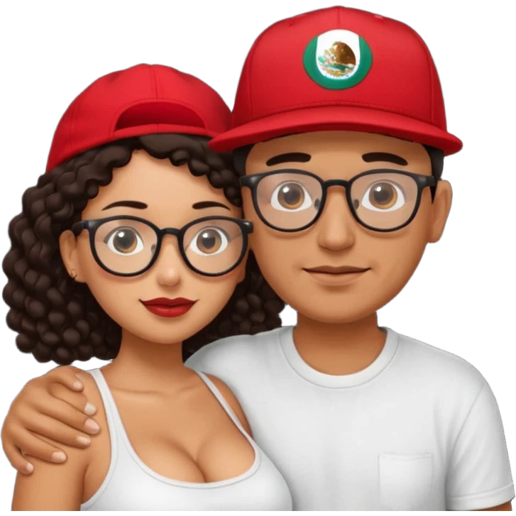 A picture of an embracing tanned couple. the man is a Mexican man with tanned skin, with a bald hair cut wearing a red SnapBack hat and wearing a black shirt. the woman is mixed, with glasses,  with long curly dark brown hair and with big boobs.  emoji