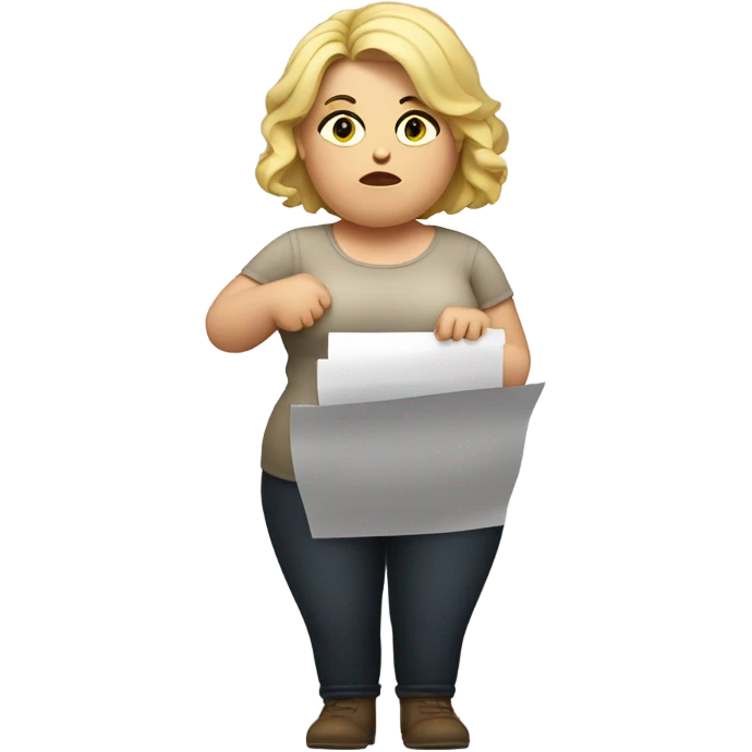 overweight blondie woman with doubts reading a paper in their hands emoji